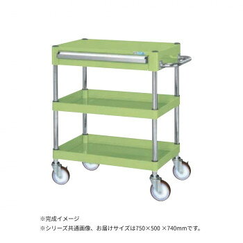 ボルトレスで組立簡単棚板を逆さにするだけで、皿型・フラット型と組み替えることができます。油に強く床面に跡がつきにくいナイロンウレタン車を採用。収納に便利な引出し付です。※配達希望日の明記は可能ですが、確約ではございません。※この商品は5個口での出荷になります。(目安個装サイズ:110×665×45mm:2.6kg/200×250×80mm:2kg/515×785×55mm:6.65kg/105×460×50mm:0.6kg/555×795×11012.9kg)※お届けは車上渡しとなります。※搬入場所の状況等によって搬入制限や追加料金が生じる場合があります。※法人への配送の場合は、必ず法人名をご記載ください。内容量※この商品は5個口での出荷になります。(目安個装サイズ:110×665×45mm:2.6kg/200×250×80mm:2kg/515×785×55mm:6.65kg/105×460×50mm:0.6kg/555×795×11012.9kg)サイズ個装サイズ：11×67×5cm重量個装重量：2600g仕様外寸:W750×D500×H740mm均等耐荷重:140kg本体色:グリーン質量:28kgキャスター:100φナイロンウレタン車段数:3支柱:クロムメッキ25.4φ、棚板調整ピッチ50mm引出し:浅引出し(有効内寸法W628×D418×H64mm)1段改正RoHS10物質対応組立式生産国日本fk094igrjs