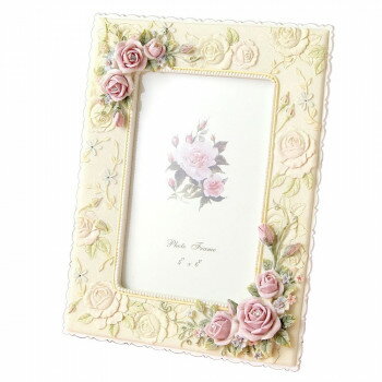 立体ローズ フォトフレーム 写真立て 縦横兼用 アイボリー LCD-5004B