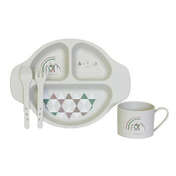 エコフレンドリーな子ども向け食器セット自然から生まれた、優しさを食卓へ。100%トウモロコシ由来のエコフレンドリーな子ども向け食器セットです。新しい命の誕生を祝うにふさわしい、安全で環境に配慮した食器です。環境にやさしく、使う人にとっても心地よいこの食器は、家族の大切な時間に寄り添います。FSC認証済みのエコなパッケージ。取手付きでギフトにも最適です。サイズプレート:265×32×200mm、カップ:110×60×80mm、スプーン:28×139×4mm、フォーク:25×136×4mm個装サイズ：21×28×13cm重量350g個装重量：350g素材・材質プラスチック仕様食器洗浄器:使用可能電子レンジ:使用不可生産国中国fk094igrjs