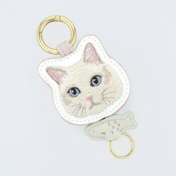 フラワーリング ダイカット刺繍リールチャーム付きカラビナ ネコ 白猫 GKH0014-D