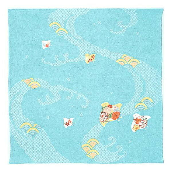 山田繊維　風呂敷(ふろしき)　二巾こよみちりめん　波に千鳥　ミズイロ　80120-202(3)