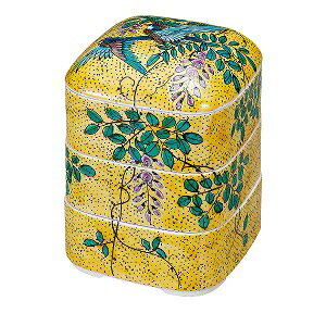 K5-406　九谷焼　三段重 吉田屋花鳥