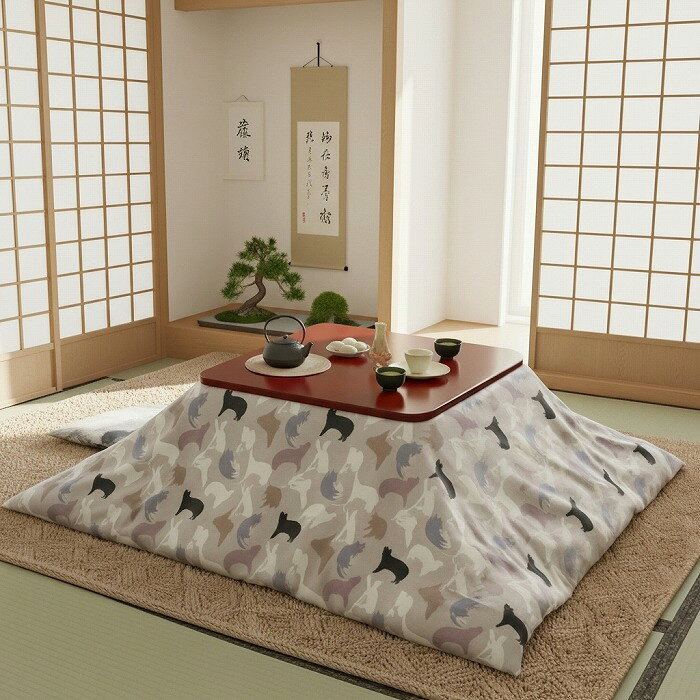 送料無料 日本製 こたつ布団カバー [ミャウ カフェ]モカ 200×200cm ネコ柄 正方形 [2]