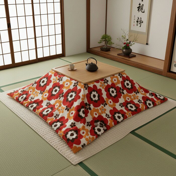 送料無料 日本製 こたつ布団カバー [サンフラワー レッド] 北欧 赤200×200cm花柄正方形 [2]