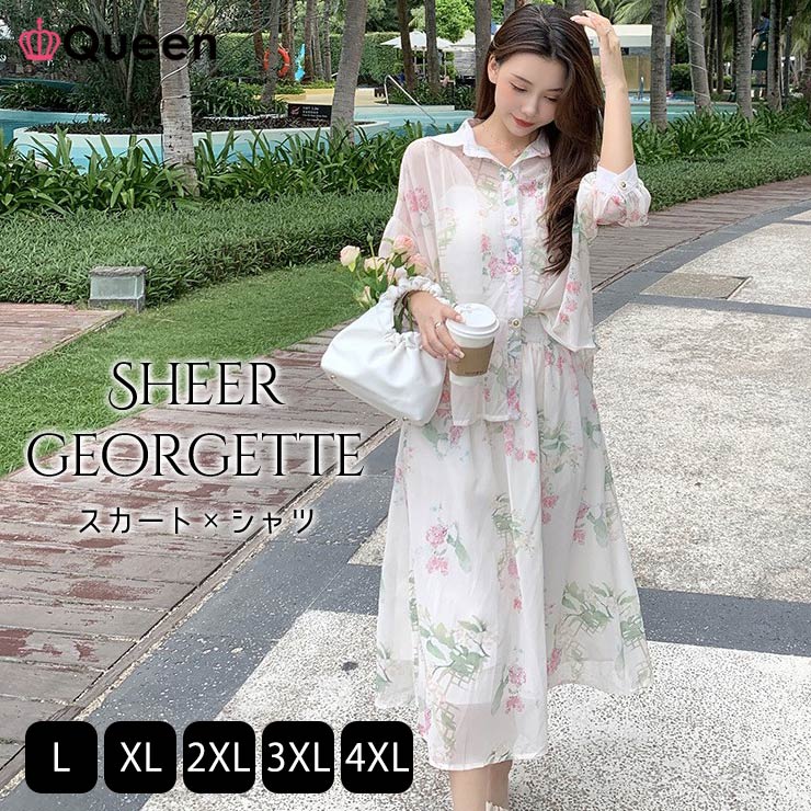 大きいサイズ レディース ツーピース 花柄 シフォン セットアップ ブラウス ロングスカート 春 夏 秋 L LL 3L 4L 5L アイボリー 新入荷 メール便不可