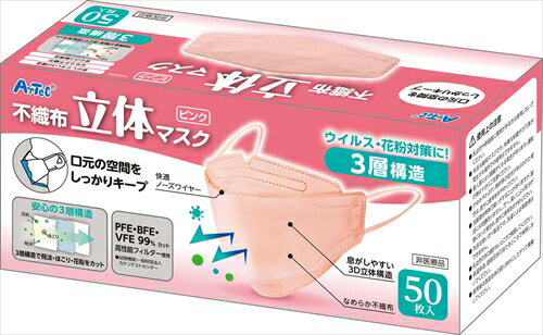 【教育・教材】AR4521718523927 アーテック 立体不織布カラーマスク(三層構造)(50枚入)ピンク