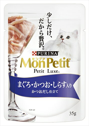 少しだけ、だから贅沢を。■選び抜かれた原材料と旨味たっぷりレシピ 厳選されたまぐろとかつおに、しらすを添えた贅沢メニュー ■少しだけ、だから贅沢を いつもの食事をちょっぴり贅沢に。ご褒美やトッピング、特別なひと時にもぴったりな、35gサイズ。原材料(成分):魚介類(かつお、まぐろ、しらす、フィッシュエキス)、調味料、増粘安定剤(加工でんぷん、増粘多糖類)、カラメル色素、ビタミンE保証成分:たんぱく質9％以上、脂質0.2％以上、粗繊維1％以下、灰分3％以下、水分87％以下エネルギー:40kcal/100g給与方法:標準体重の成猫で1日1〜3袋が目安です。すべての必須栄養素を愛猫が摂取するために、総合栄養食との併用をおすすめします。賞味／使用期限(未開封):24ヶ月賞味期限表記:2：yyyy/mm原産国または製造地:タイ