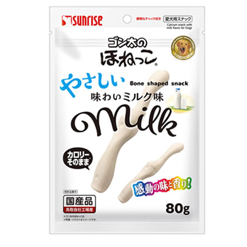 「感動の味と香り！おいしく楽しく！」・「カロリーそのまま※、おいしく楽しく！」をコンセプトとしたスナックシリーズです。(※ゴン太のほねっこ比)・おいしくカルシウム補給に役立つほねっこをミルクの香りでやさしい味わいに仕上げました。・ワンちゃんの健康で元気な体をサポートします。［給与方法］・パッケージ記載の表を参考に1日2～3回に分け、おやつとして与えてください。【仕様】パッケージサイズ：W150×H220×D30mm重量：90g賞味期限：365日生産地：日本■原材料穀類(小麦粉等)、肉類(チキン等)、糖類、乳類(ミルクカルシウム、ミルク等)、ビール酵母、魚介類、グルコサミン(カニ由来)、サメ軟骨抽出物(コンドロイチンを含む)、ミネラル類(リン酸カルシウム、焼成カルシウム、塩化ナトリウム)、品質保持剤(プロピレングリコール)、着色料(二酸化チタン)、増粘安定剤(グリセリン)、香料、保存料(ソルビン酸カリウム)、アミノ酸(ロイシン、リジン、バリン、イソロイシン、スレオニン、フェニルアラニン、メチオニン、ヒスチジン、トリプトファン)、pH調整剤、酸化防止剤(エリソルビン酸ナトリウム、ミックストコフェロール、ローズマリー抽出物)■保証成分たん白質12.0％以上、脂質1.0％以上、粗繊維2.0％以下、灰分20.0％以下、水分25.0％以下■エネルギー約230kcal/100g■注意事項・本商品は犬用です。・子供がペットに与えるときは、安全のため大人が監視してください。・給与量の目安をお守りください。・ウンチが白っぽくなる場合がありますが、これは余分なカルシウムが排出されるためで、害はありません。・原料由来の黒い点が表面に見えることや、多少色の異なる場合がありますが品質には問題がございませんので、安心してお与えください。・愛犬の食べ方や習性によっては、のどに詰まらせることも考えられます。必ず観察しながらお与えください。・まれに体調や体質に合わない場合もあります。何らかの異常に気付かれたときは与えるのをやめ、早めに獣医師に相談することをおすすめします。メーカー：株式会社 マルカン サンライズ事業部JANコード：4973321946028