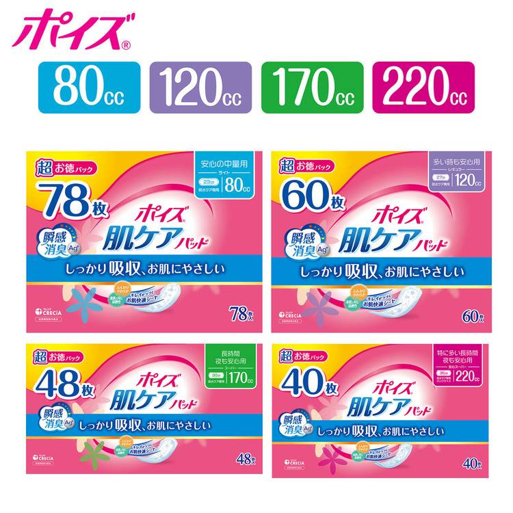 「ポイズ 肌ケアパッド」は、尿モレ（尿もれ）で悩んでいる方や、吸水ケアを生理用ナプキンで代用している方におすすめな尿ケア専用品（尿漏れパッド）です。”弱酸性・全面通気性シート”に加え、ポイズパッドは、"瞬間消臭シート"を採用しているので、ニオイが発生した瞬間から継続的に消臭力を発揮し、ニオイ菌の増殖を防ぎます。吸水ポリマーが水分を閉じ込め逆戻り、立体ギャザーとサイドギャザーで横モレを防ぐので“さらさら素肌”をキープします！【安心の中量用(ライト) 80cc 78枚】●サイズ8.5×23cm●吸収量80cc●入数78枚【多い時も安心用 (レギュラー) 120cc 60枚】●サイズ10.5×27cm●吸収量120cc●入数60枚【長時間・夜も安心用 (スーパー) 170cc 48枚】●サイズ12×30cm●吸収量170cc●入数48枚【特に多い長時間・夜も安心用 (安心スーパー) 220cc 40枚】●サイズ12×35cm●吸収量220cc●入数40枚●材質表面材：ポリオレフィン系不織布吸水材：高分子吸水材、ポリオレフィン系不織布、吸収紙防水材：ポリエチレン止着材：合成ゴム系伸縮材：ポリウレタン結合材：合成ゴム系（検索用：ポイズ 吸水パッド 軽失禁パッド 尿漏れパッド 吸水ケア 尿もれ 尿モレ ポイズパッド 80cc ライト 4901750884239 4901750884215 4901750884192 4901750884178）あす楽対象商品に関するご案内あす楽対象商品・対象地域に該当する場合はあす楽マークがご注文カゴ近くに表示されます。詳細は注文カゴ近くにございます【配送方法と送料・あす楽利用条件を見る】よりご確認ください。あす楽可能なお支払方法は【クレジットカード、代金引換、全額ポイント支払い】のみとなります。15点以上ご購入いただいた場合あす楽対象外となります。あす楽対象外の商品とご一緒にご注文いただいた場合あす楽対象外となります。