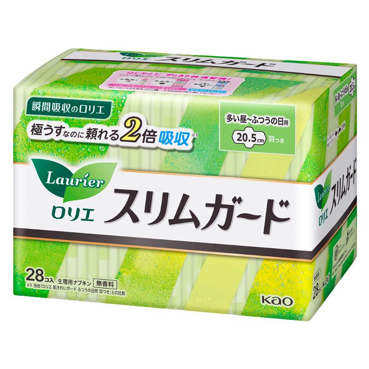 ロリエ スリムガード 多い昼〜ふつうの日用 羽つき 28コ 花王 Laurier 生理用品 ナプキン 極うす KAO 瞬間吸収 ドライシート ムレにくい 昼用 l-plus-10232722 miui パッケージ画像