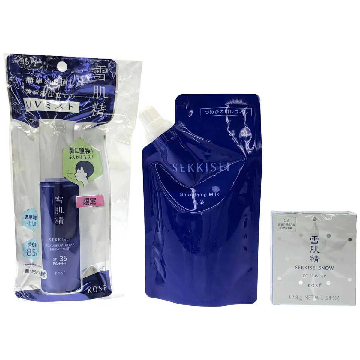 【中古】【未使用】Z000 雪肌精 スノー CC パウダー 02 8g & スキンケア UV エッセンス ミスト 60ml & クリアウェルネス スムージング ミルク 120ml 3個セット