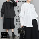 大きいサイズ レディース チュニックシャツ 長袖 フリル オーバーサイズ 無地 春 秋 L LL 3L 4L 5L ブラック ホワイト 新入荷 メール便可