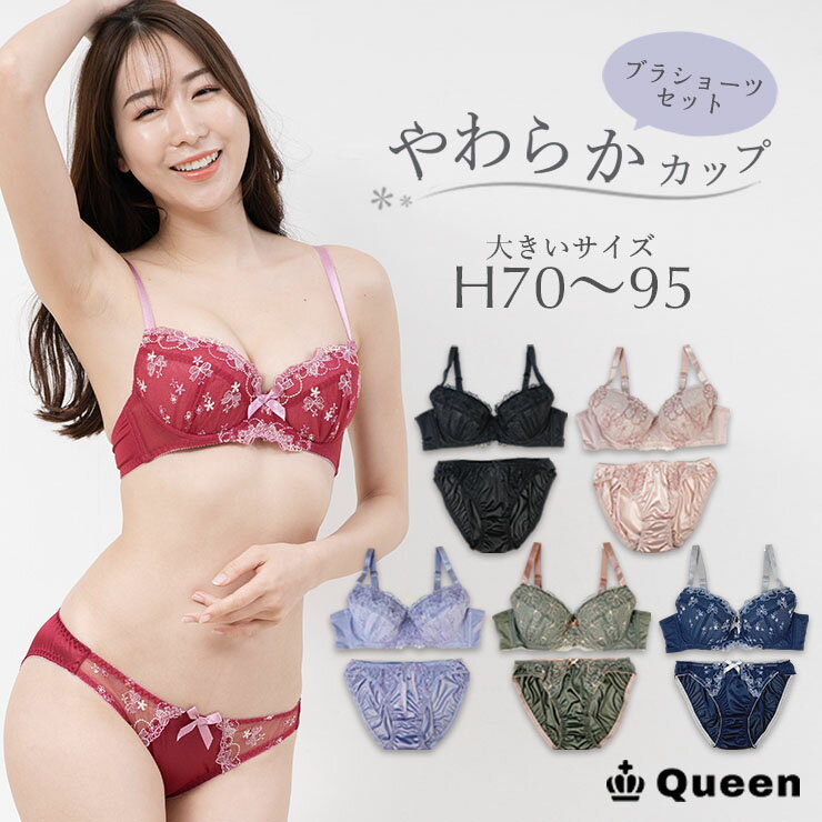 大きいサイズ ブラジャー ショーツセット 上下セット ブラセット レディース 下着 H70 H75 H80 H85 H90 H95 やわらか 刺繍レース ぽっちゃり ソフト