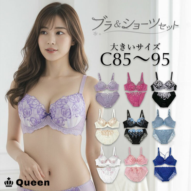 ブラショーツセット レース 刺繍ブラジャー 大人かわいい シンプル 上品 大きいサイズ レディース C85 C90 C95 10タイプ展開 Queen