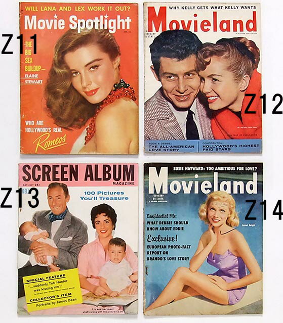 ムービーマガジン /jab 1950年代のアメリカ映画雑誌 Z11−ムービースポットライト 　　　 　　　1954年6月号 Z12−ムービーランド 　　　 　　　1956年2月号 Z13−スクリーンアルバム 　　　 　　　1956年5月号 Z14−ムービーランド 　　　1955年2月号 雑誌は100ページ前後で、厚さ5mm程度の 薄い雑誌です この他この時代に活躍した映画スターが たくさん載っています お部屋のインテリアにいかがでしょうか？5冊までメール便250円発送OK