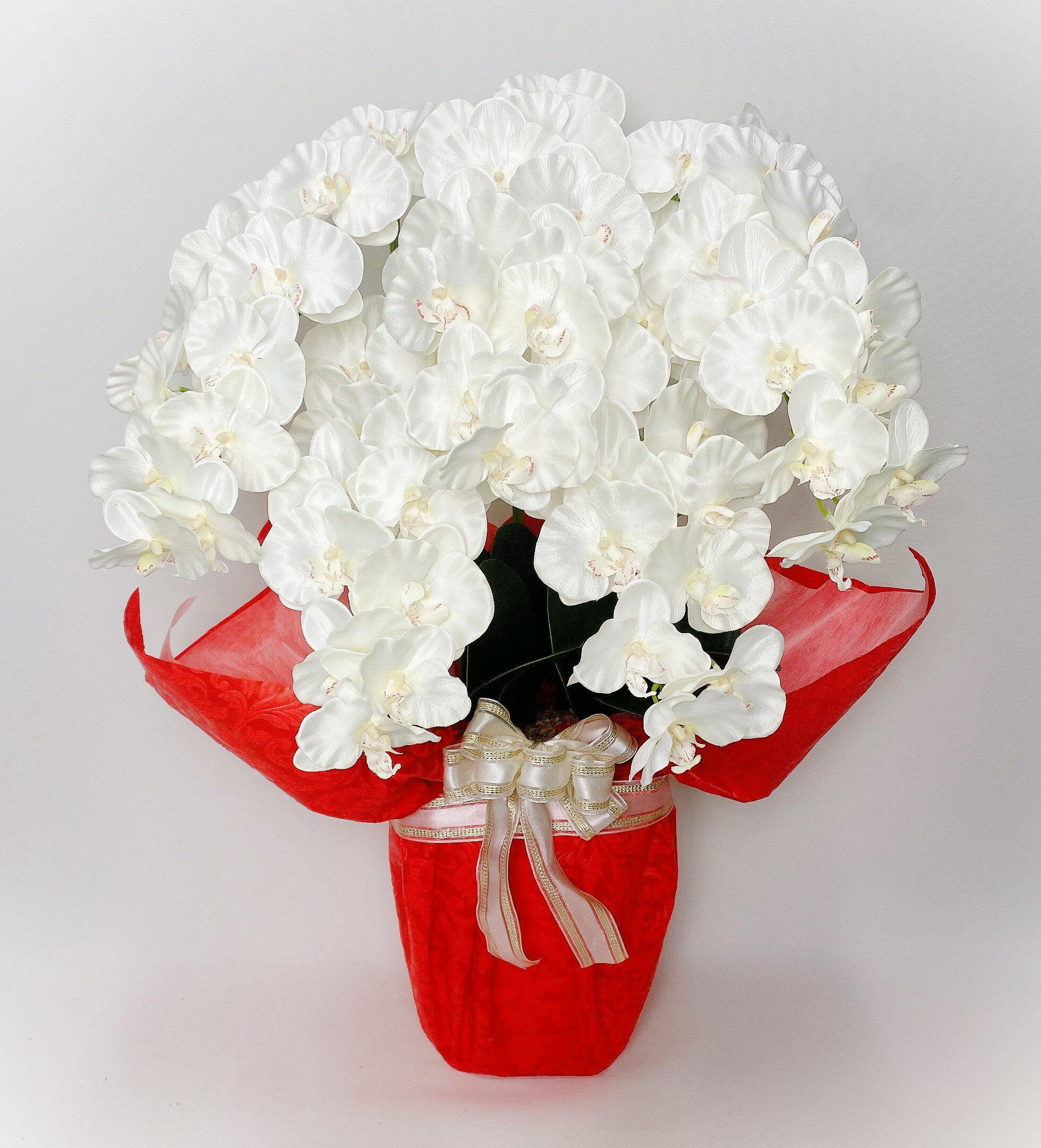 アーティフィシャルフラワー「造花」【胡蝶蘭鉢植え・5本立（W/Y）プラ鉢に色紙ラッピング】光触媒コー..