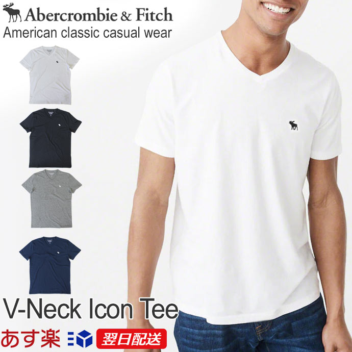 【再入荷！】アバクロンビー＆フィッチ 正規品 アバクロ Abercrombie＆Fitch メンズ Tシャツ 定番 無地Tシャツ ロゴ入り Vネック：V-Neck Icon Tee - ホワイト│グレー│ブラック│ネイビー【US限定モデル】