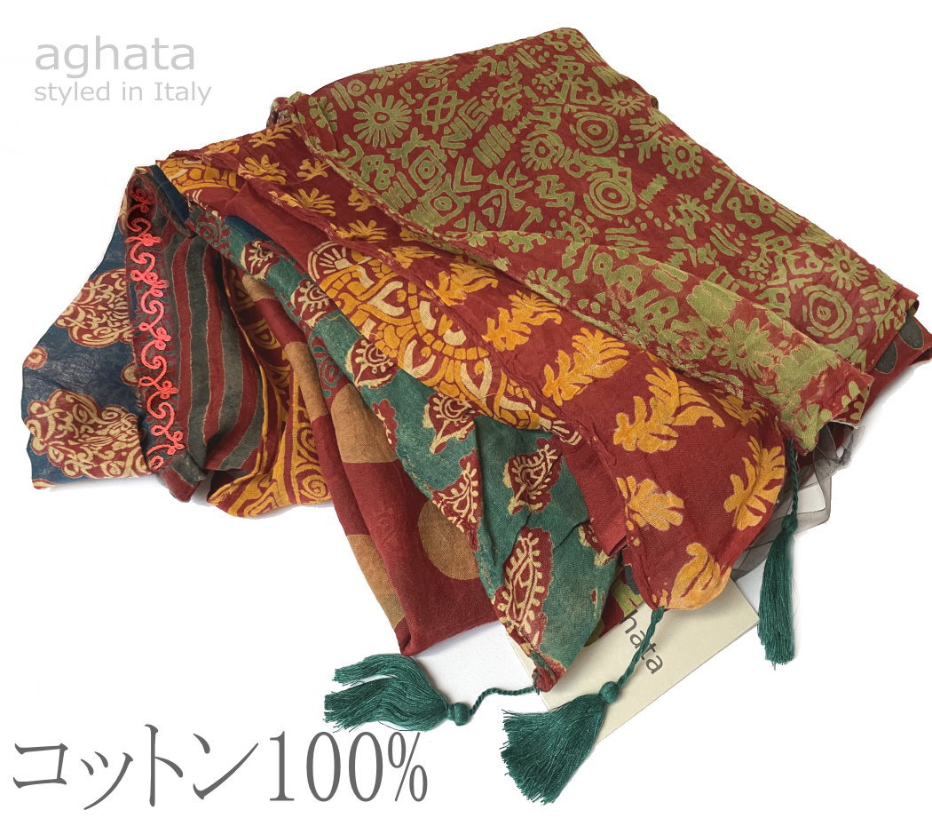 Cotton - 【ネコポス送料無料】【イタリア直輸入】イタリア ブランド aghata コットン100% シフォン大判ストール 刺しゅう入り ネイティブ柄 AGHATA アガタ コットンシフォン 大判ストール UV対策 温度調節 UVネックカバー【25C】ST113A