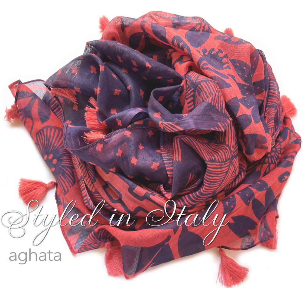 【ネコポス送料無料】【イタリア直輸入】イタリア ブランド aghata コットンシフォン100% 大判ストール ライトオンス AGHATA アガタ コットンシフォン 大判 ストール UV対策 温度調節 UVネックカバー 肌ざわり タッセル付き レッドパープル【26☆】ST2777