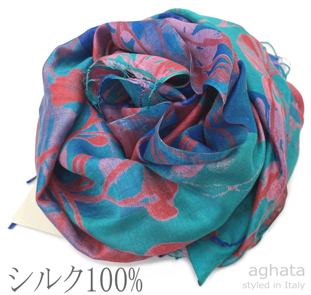 【イタリア直輸入】【よりどり3個以上で各200円引き】イタリア ブランド AGHATA アガタ シルク100％ジャガード織 ボタニカル柄 シフォン 大判ストール スクエア 大判 UV対策スカーフ 温度調節 紫外線 羽織り 絹【定番25】STRAM-MULTI