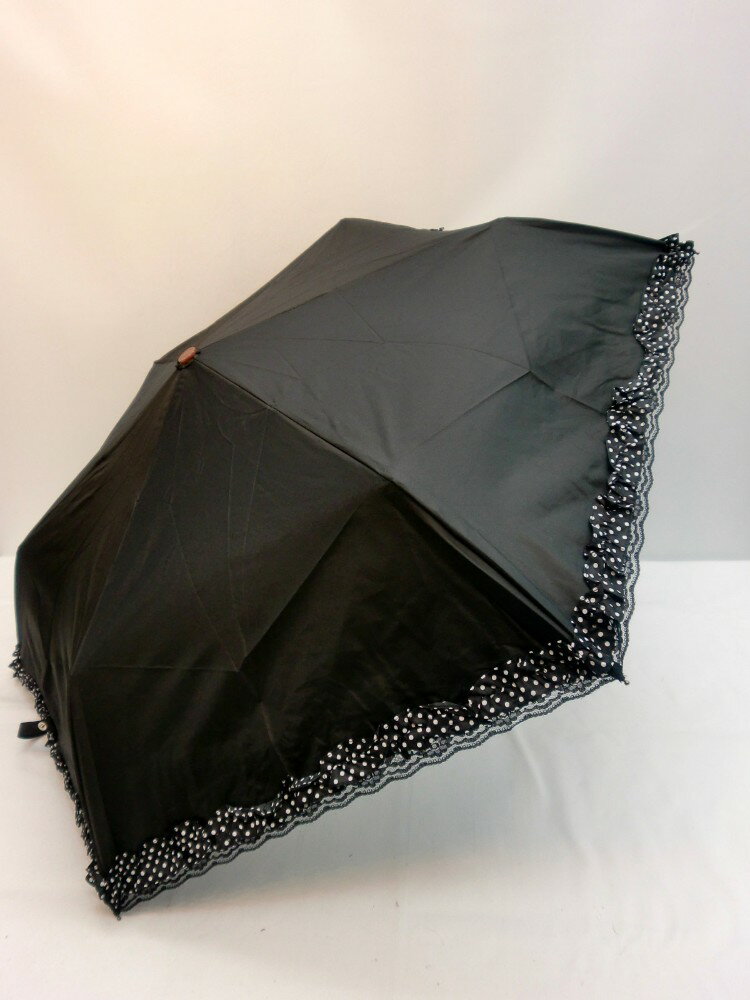 【送料無料】【よりどり3個以上で各200円引き】シルバーコーティング 晴雨兼用UV97%以上カットレース 切り継ぎ柄フリル付50cm ミニ折りたたみ傘クロ水玉350178-1-BK【17☆】【雨傘】【婦人傘】
