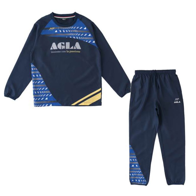 AGLA(アグラ) の　ピステスーツ　です。 トレーニングに最適なピステスーツ。 メーカー希望小売価格：8,800円(税別) カラー：(107)ネイビー サイズ：S〜M 素材：300T裏コーティング（ポリエステル100％）裏地なし 画像について：お使いの液晶機種やモニター環境、撮影に使用している光源と商品をご覧いただく光源の違い等により商品のお色と画像の色合いが異なって見えることがございます。 ご了承ください。