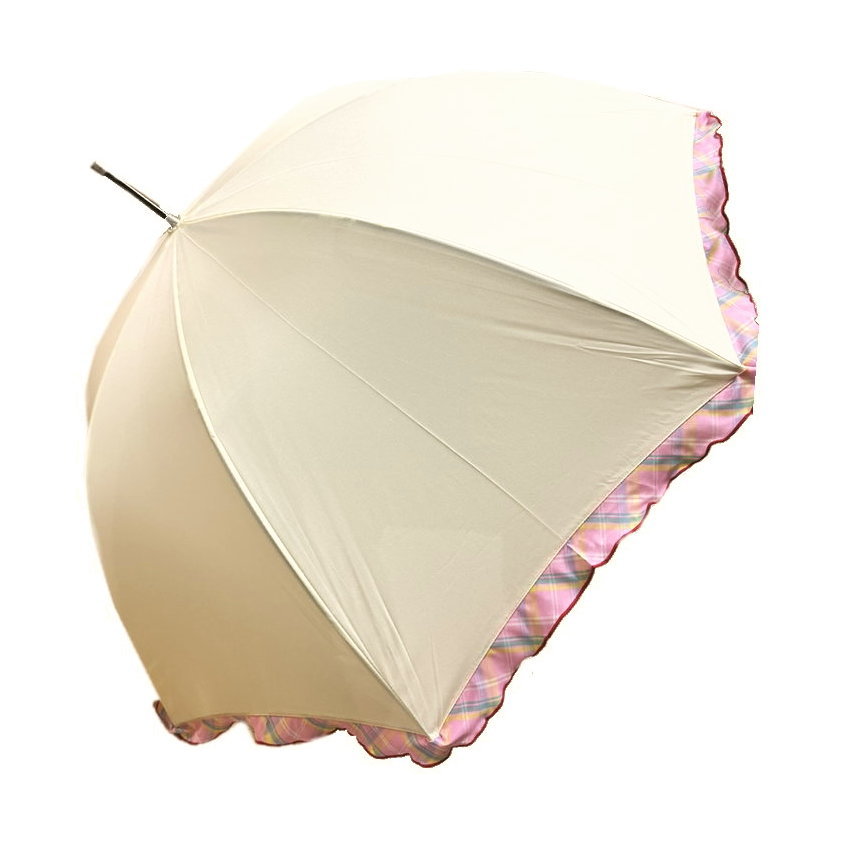 かわいいマドラスチェックフリル付深張手開雨傘です。 無地生地にマドラスチェックのフリルが付いているオシャレな雨傘です。 カラー：クリーム　イエロー サイズ：[親骨の長さ]58cm　 重さ：約250g 素材：ポリエステル100% 画像について...