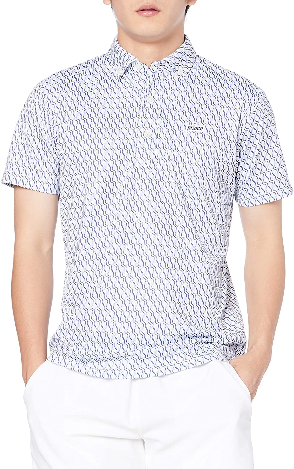 シンプルなボタンダウンのポロシャツ メーカー希望小売価格：6,500円(税別) カラー：ホワイト×ネイビー サイズ： 素材：ライトニット(ポリエステル100%) 機能：吸汗速乾、UPF50 性別：Unisex