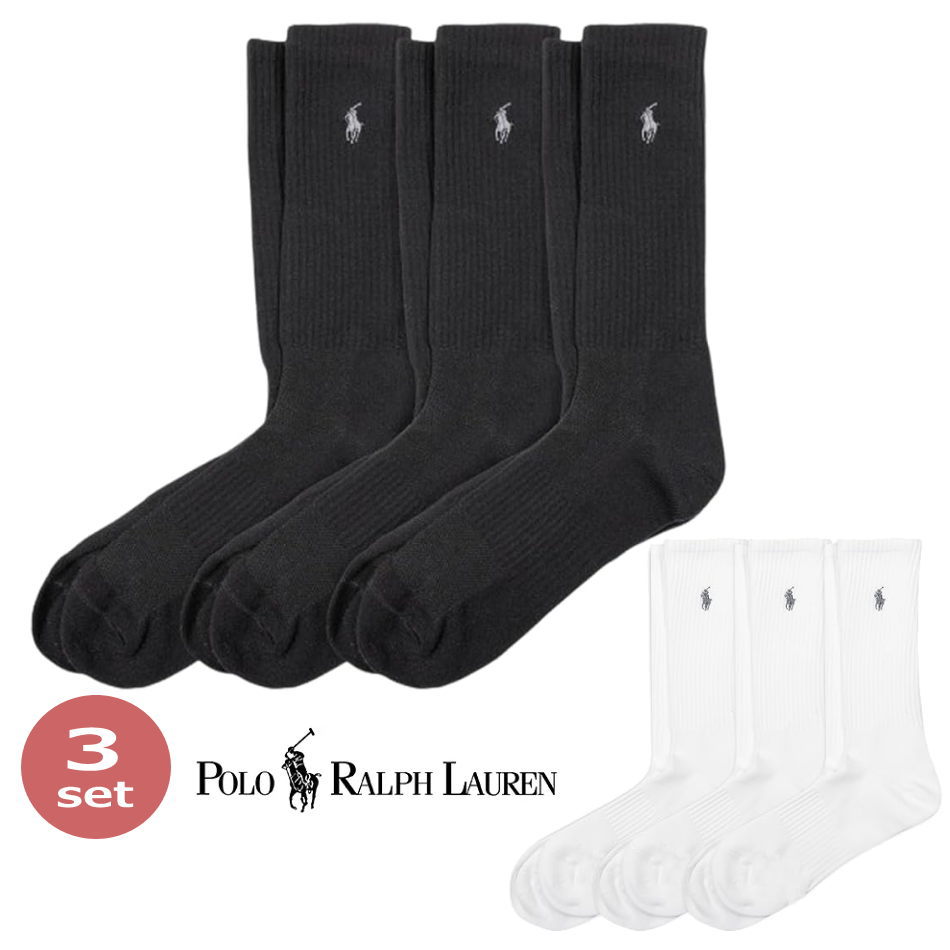 【送料無料】【4000円均一】【廃番】【6足組】POLO RALPHLAULEN(ポロラルフローレン)　メンズ リブ クルーソックス 3足セット ソックス 3足組 25～29cm 　ブラック　ホワイト　821063PK-001 / 821063PK-100【24★】