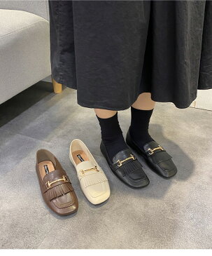 【全品対象10%OFFクーポン発行】パンプス ローファー ローヒール やわらか フラット スクエアトゥ ビット フリンジ おじ靴 柔らか シューズ ローヒール 歩きやすい 痛くない 仕事 オフィス 通勤 2021春夏新作 【hxqs426-44】【予約販売:15-20日】【送料無料】宅込