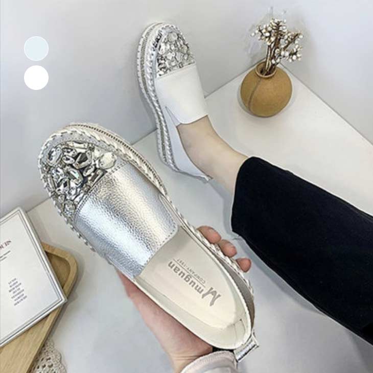 ビジュー スリッポン スニーカー フラットシューズ 靴 キラキラ 厚底 PU 合皮 個性的 メタリック おしゃれ きれいめ 異素材 バイカラー 楽ちん レディース 韓国ファッション【ash208-191】【即納：1-5営業日】【送料無料】宅込のサムネイル