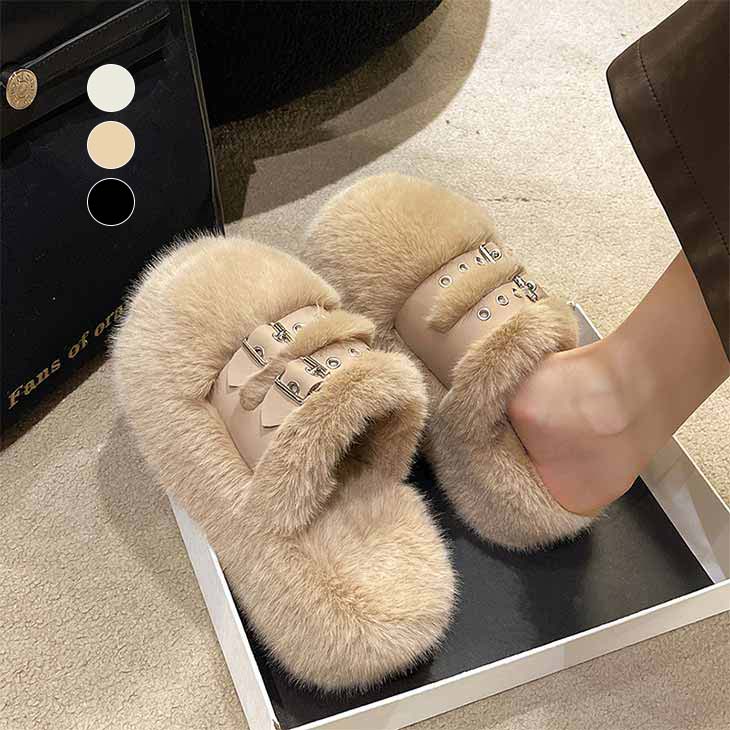【半額クーポン対象】【奇跡の再販】エコファー ベルト サンダル スリッパ 厚底 靴 シューズ 美脚 疲れにくい 黒 ベージュ おすすめ レディース オシャレ トレンド 人気 プチプラ 韓国ファッション 2024秋冬新作 【k3-jm999】【予約販売：15-20日】【送料無料】宅込のサムネイル