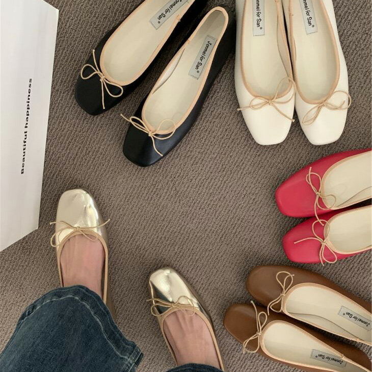 パンプス シューズ リボン バレエシューズ スクエアトゥ スムース フラット バレエ バレー 歩きやすい カジュアル 韓国ファッション プチプラ【ashss24-174】【予約販売：15-20日】【送料無料】60込のサムネイル