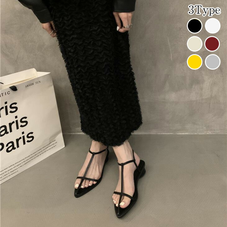 【半額クーポン対象】サンダル アンクルストラップ Tストラップサンダル ポインテッドトゥサンダル フラット ローヒール 履きやすい ブラック ホワイト シルバー ゴールド 旅行 リゾート 夏 【ashss24-465】【予約販売：15-20日】【送料無料】宅込のサムネイル