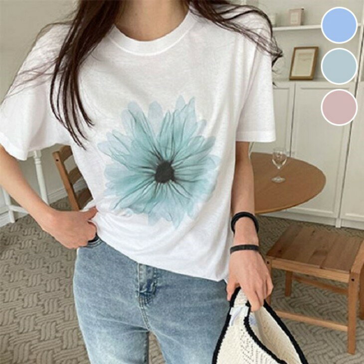 【半額クーポン対象】Tシャツ フラワープリント 半袖 シンプル カジュアル 花柄 可愛い ガーリー フェミニン おすすめ おしゃれ レディース トレンド プチプラ 韓国ファッション 2025春夏新作 【lstpss25-1336】【即納：1-5営業日】【送料無料】メ込2のサムネイル