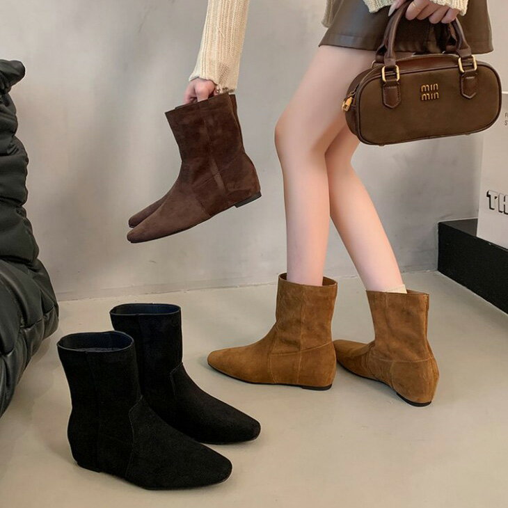 【半額クーポン対象】ショートブーツ スエード調 アンクル丈 フラットソール ぺたんこ ローヒール ポインテッドトゥ 履きやすい 靴 おしゃれ レディース トレンド 人気 プチプラ 韓国ファッション 2025秋冬新作 【ash510-186】【予約販売：15-20日】【送料無料】宅込のサムネイル