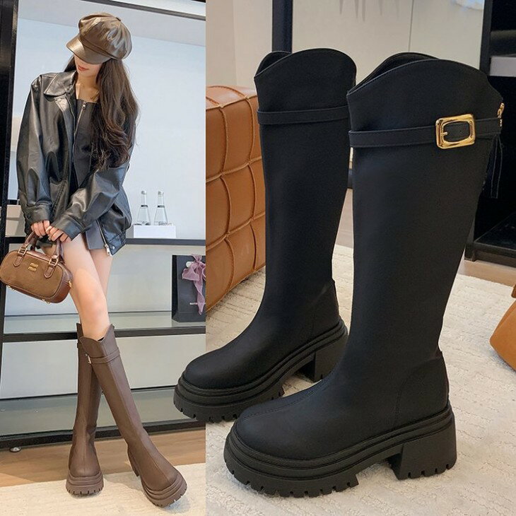 【半額クーポン対象】ロングブーツ トラックソール 厚底 ベルト チャンキーヒール 美脚 ジョッキーブーツ バックル 靴 シューズ おすす..