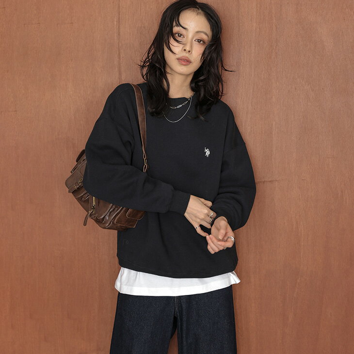 【半額クーポン対象】U.S. POLO ASSN. 別注 ロゴ刺繍 裏起毛 スウェット クルーネック ドロップショルダー 大人カジュアル ワンポイント ポロ 長袖 トップス レディース 2025秋冬新作 【lstpaw25-pl004】【即納：1-5営業日】【送料無料】宅込