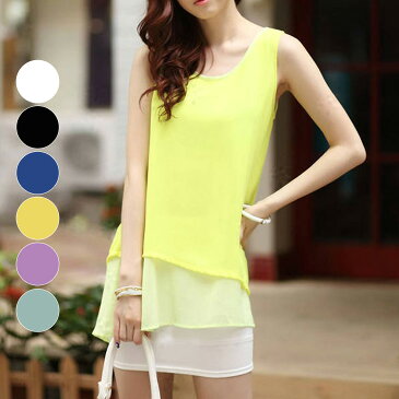 【在庫限り】重ね着風 ノースリーブ フリル シフォン チュニック ブラウス【7376-d403b】トップス 【即納:2-5日】 メ込【バーゲン】