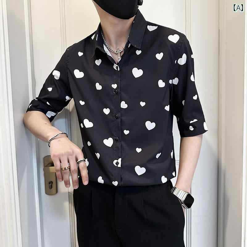 シャツ トップス メンズ ハート プリント 夏 カジュアル 薄手 5分袖 デイリー ストリートルック 半袖 クラシックフィット