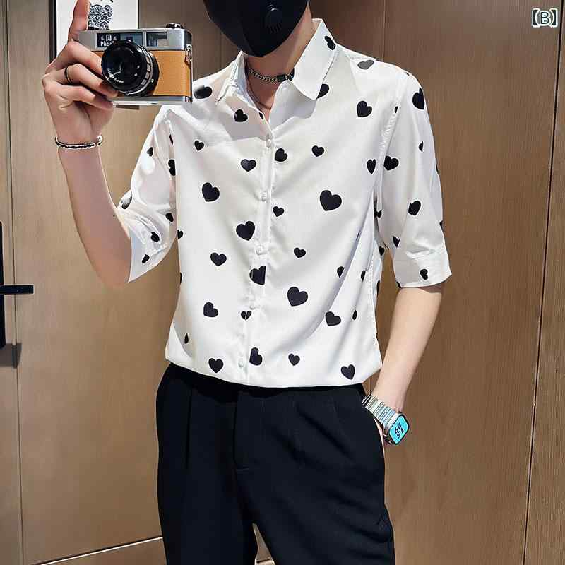 シャツ トップス メンズ ハート プリント 夏 カジュアル 薄手 5分袖 デイリー ストリートルック 半袖 クラシックフィット