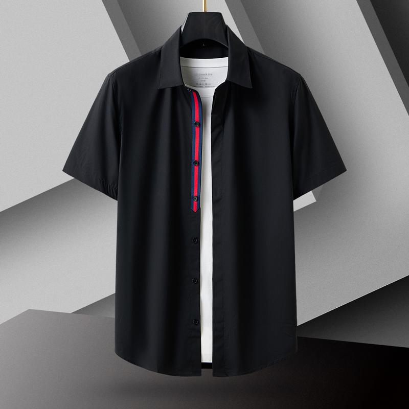 メンズカジュアル ファッション 大きいサイズ 白シャツ 黒 スリム 刺繍 バック カラー 春秋 ビジネス 半袖シャツ 隠しボタン おしゃれ 洗練 ハイエンド ハイエンド