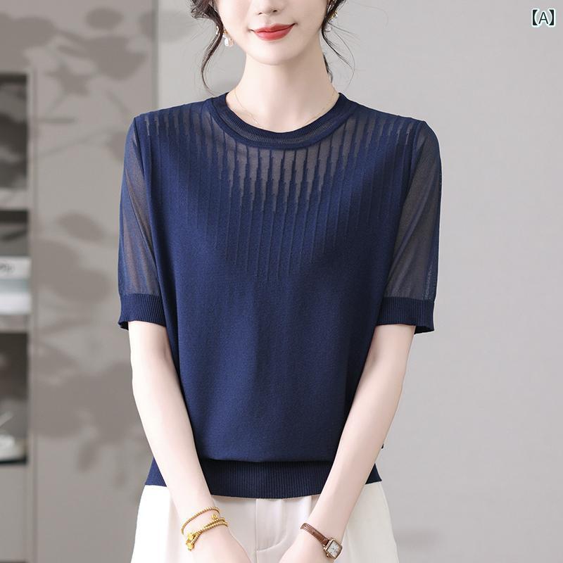 レディース 婦人服 シャツ トップス ミドルエイジ シニア カジュアル エレガント ゆったり 大きめサイズ 軽やか 夏 スタイリッシュ ラウンドネック ハイエンド 半袖