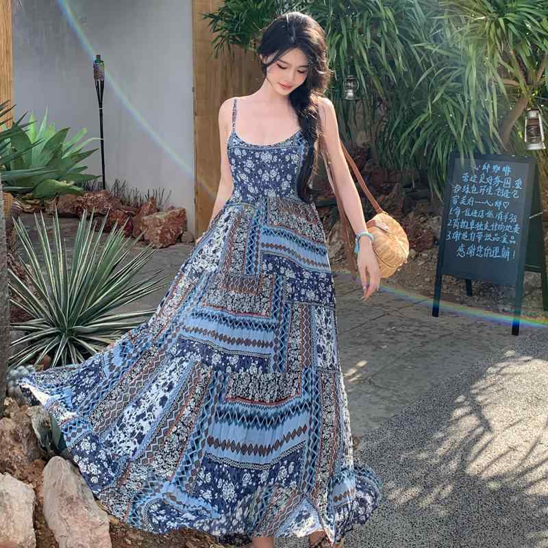 ワンピース レディース ボヘミアン レトロ トラベル バカンス サスペンダー ロング スカート タッセル ..