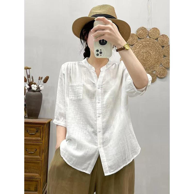 レディース 夏コーデ Vネック シャツ トップス 軽量 薄手 ゆったり 快適 涼感 着心地 カジュアル 万能 シック モダン シンプル リラックス デイリーユース