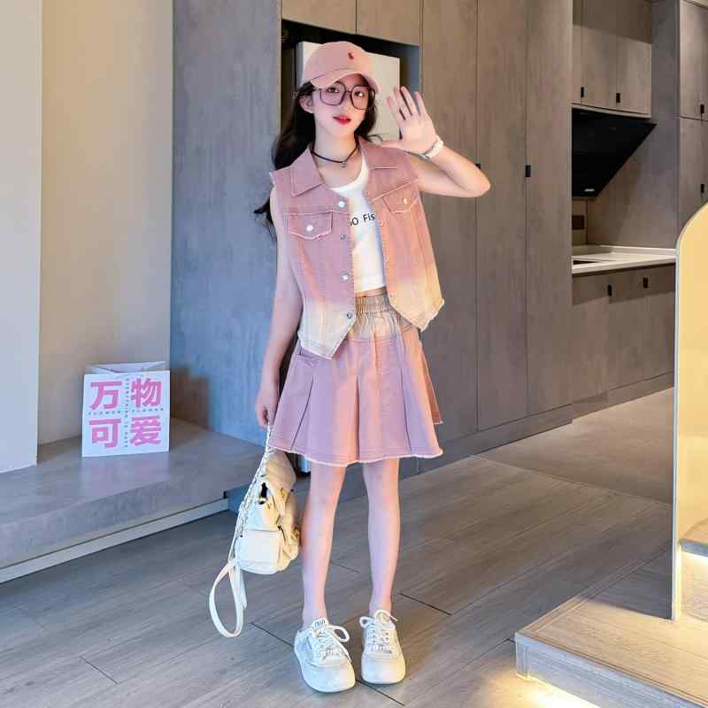 Other - デニムベスト スカート ツーピース 女の子 美しい 夏 スーツ セットアップ 子供 小学生 中学生 ガーリー キュート おしゃれ カジュアル 通学 デイリー