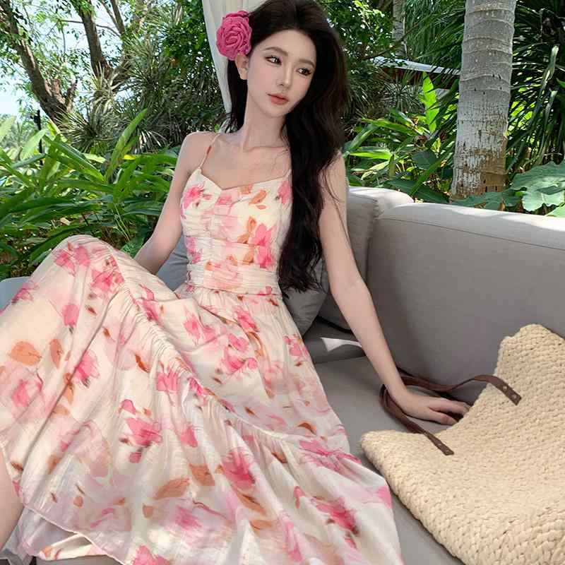 ワンピース レディース ミドル丈 スカート ドレス フェアリー ロマンチック ノースリーブ ハイウエスト 夏 リゾート バカンス おしゃれ 華やか 花柄 フリル