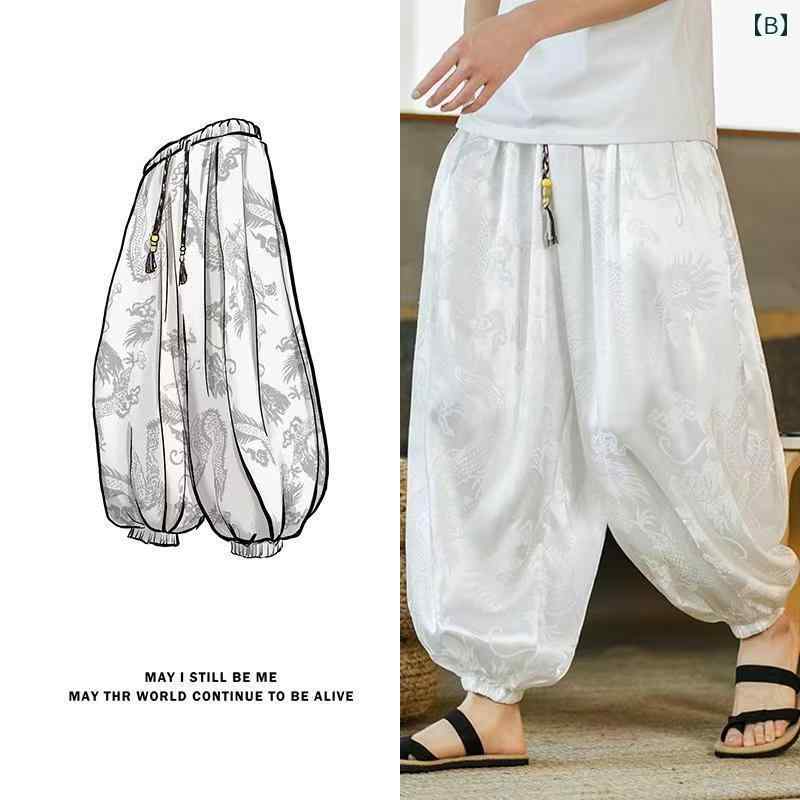 サルエルパンツ ワイドパンツ 大きいサイズ ウエストゴム 柄パン 龍模様 ポケット 九分丈 艶 幅広 バルーン 薄手 冷感 ノーアイロン 夏 メンズ 太った 楽 厳つい ゆったり