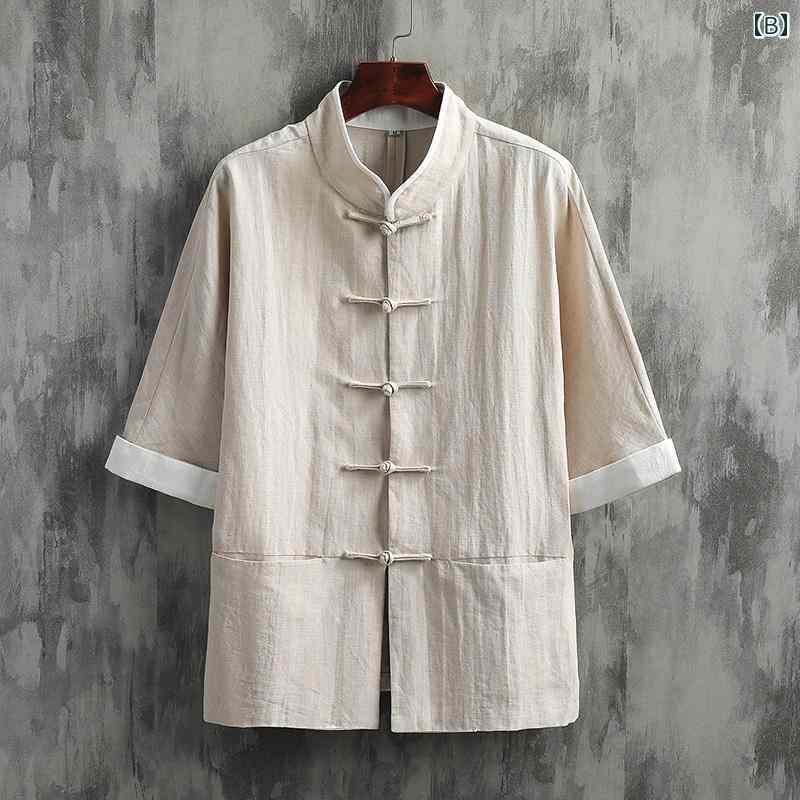 チャイナ風 トップス スタンドカラーシャツ メンズ 半袖 夏 レトロ 中国 唐装 綿 紳士服 カラバリ豊富 選べるカラー ハーフタートル アジアンスタイル 涼感素材 ボタン装飾 5分袖