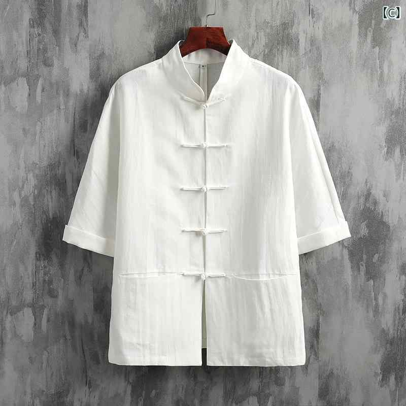 チャイナ風 トップス スタンドカラーシャツ メンズ 半袖 夏 レトロ 中国 唐装 綿 紳士服 カラバリ豊富 選べるカラー ハーフタートル アジアンスタイル 涼感素材 ボタン装飾 5分袖